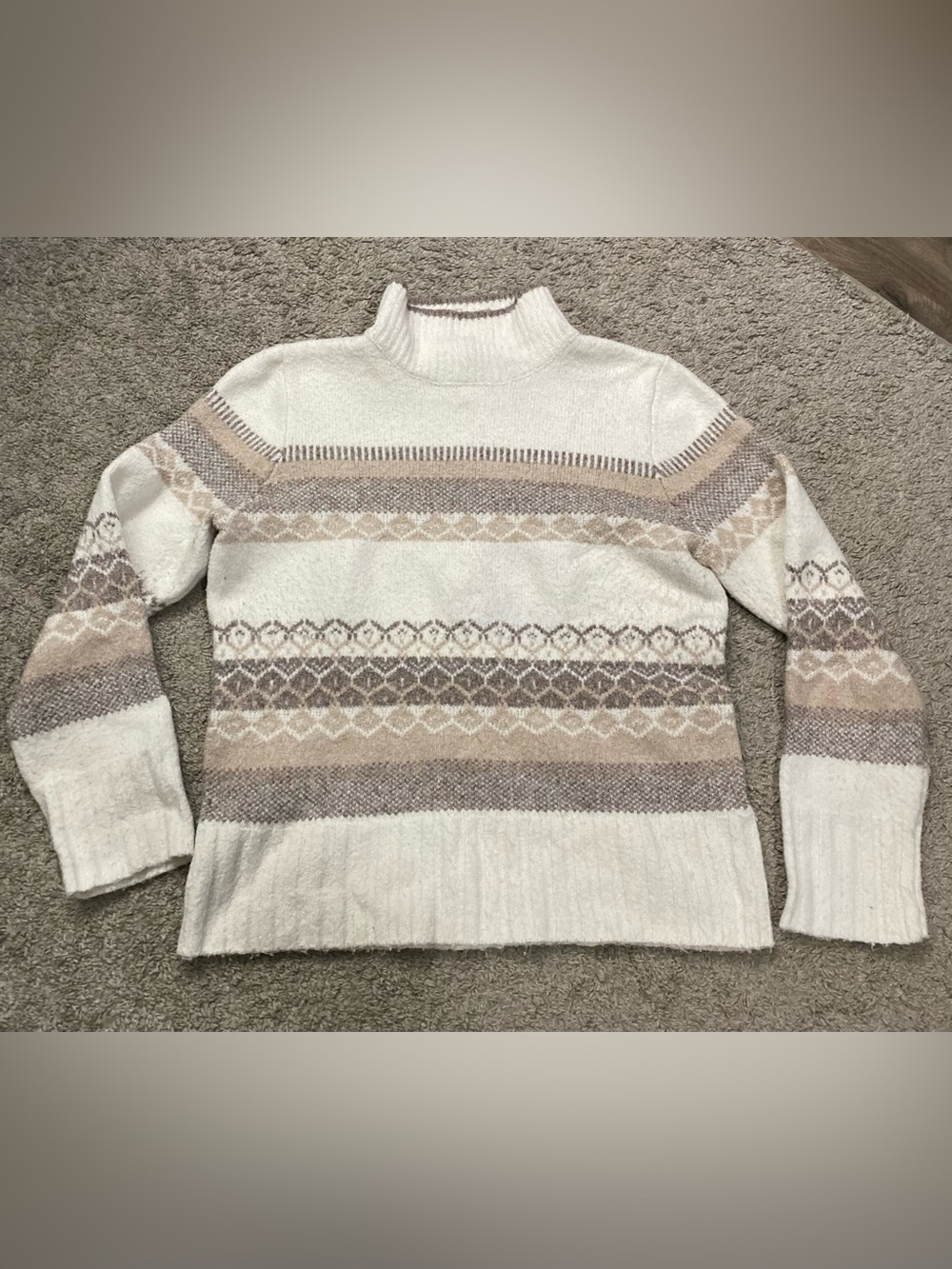 Cream Fair Isle Turtleneck Sweater with Neutral Stripes
